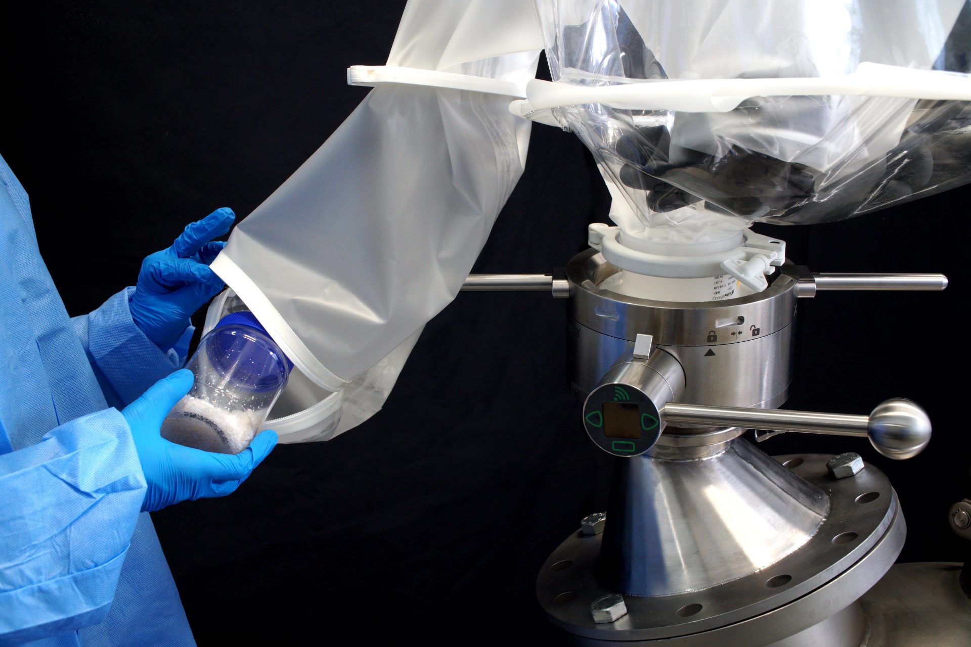 Disposable and single use Split Valve for Reactor Charging and Sampling.